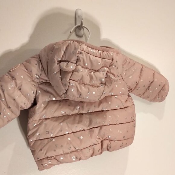 🍒2/50🍒NWOT Baby Gap Puffer Jacket 0-6 Months Salmon Pink Metallic Silver Stars - Picture 9 of 16